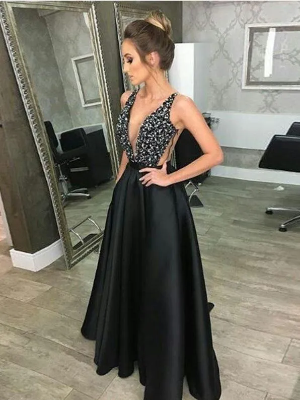 A-line Deep-V Floor-Length Satin Rhine Stone Black Evening Dresses 3092