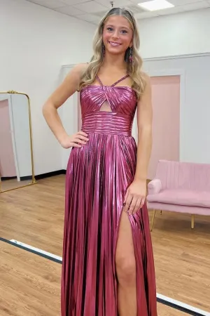 A Line Straps Fuchsia Metallic Pleat Satin Long Prom Dresses