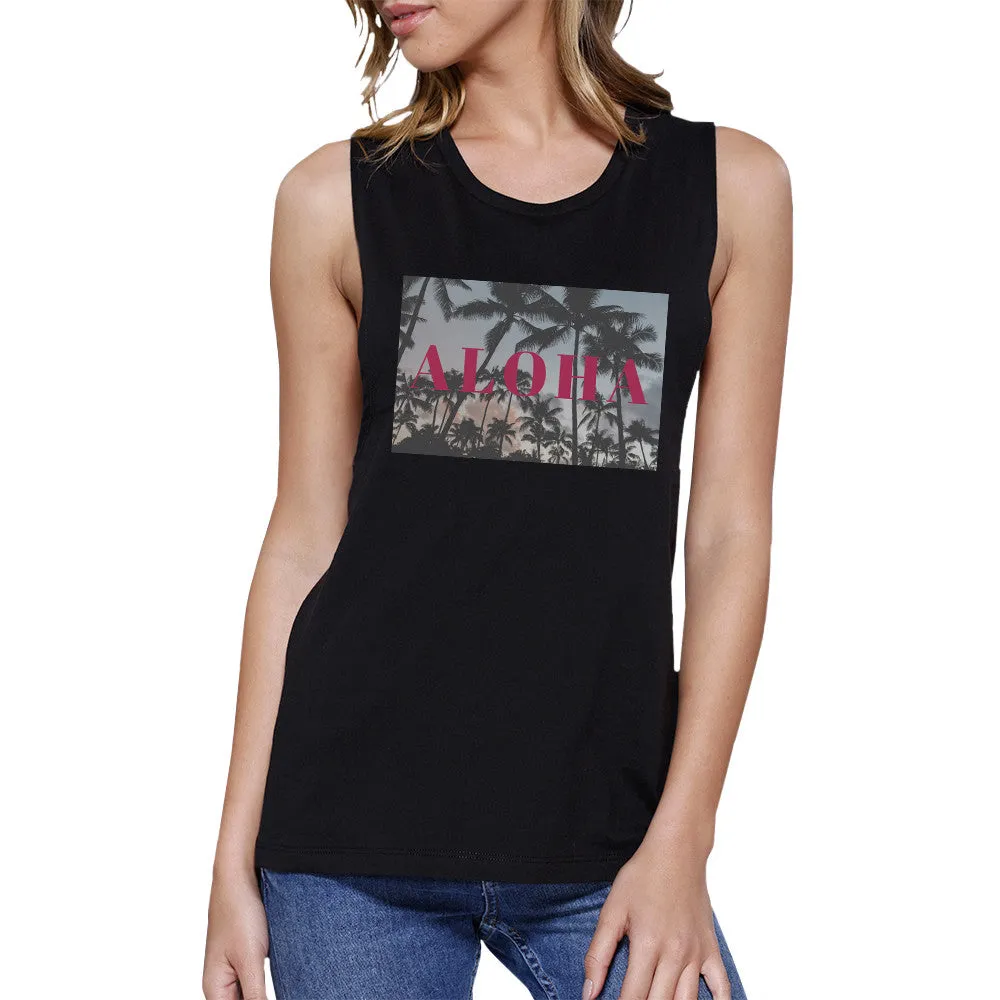 Aloha Letter Printed Women Lightweight Cotton Sleeveless Muscle Top