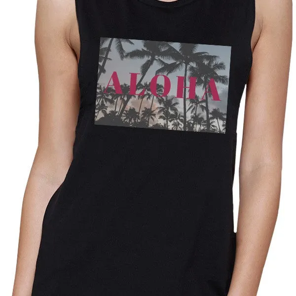 Aloha Letter Printed Women Lightweight Cotton Sleeveless Muscle Top