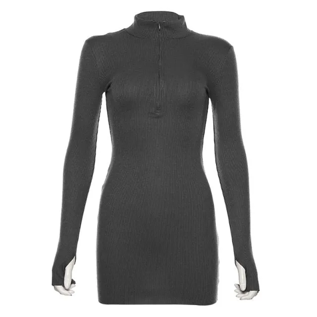 Autumn Winter Stretch Slim Soft Ribbed Knitted Turtleneck Dress Woman Fashion Solid Black Casual Bodycon Zip Dress