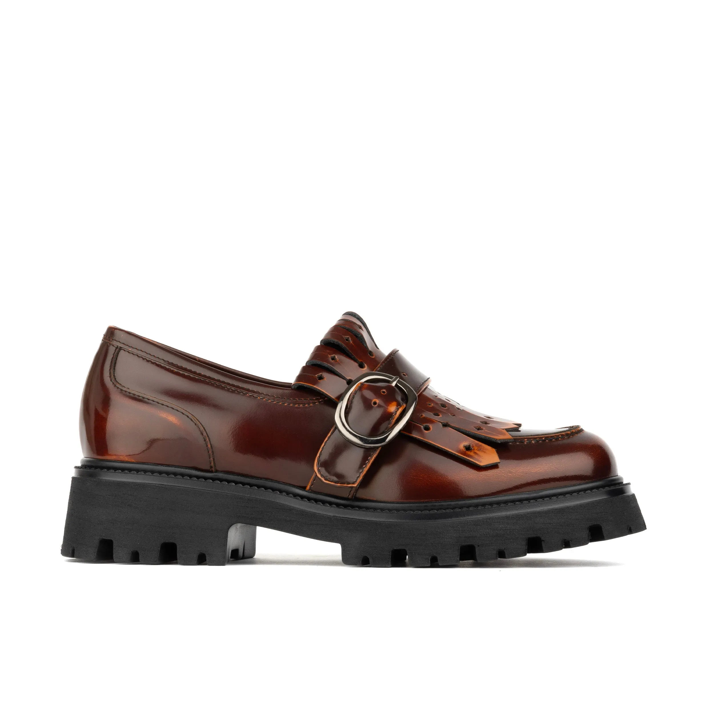 Ava - Brown - Women's leather chunky platform loafer with tassel and bar