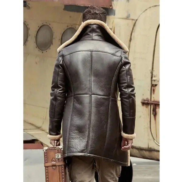 B3 Flight Sheepskin Aviator Long Mens Winter Coats Fur Bomber Leather Jacket