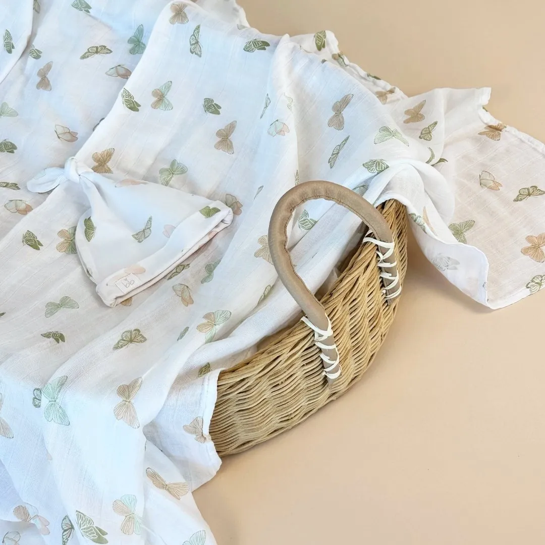 Bamboo Muslin Swaddle Blanket & Topknot Set - Busy Bees