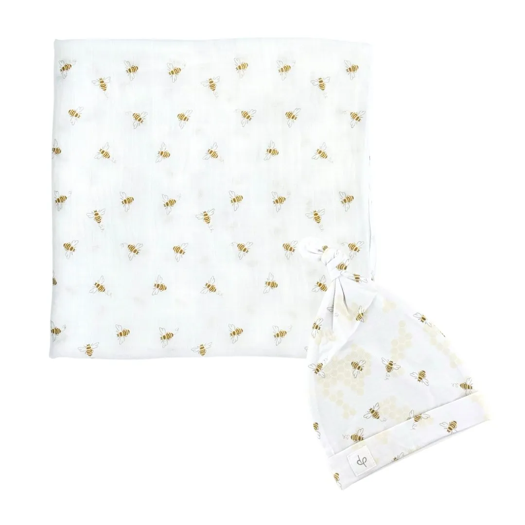 Bamboo Muslin Swaddle Blanket & Topknot Set - Busy Bees