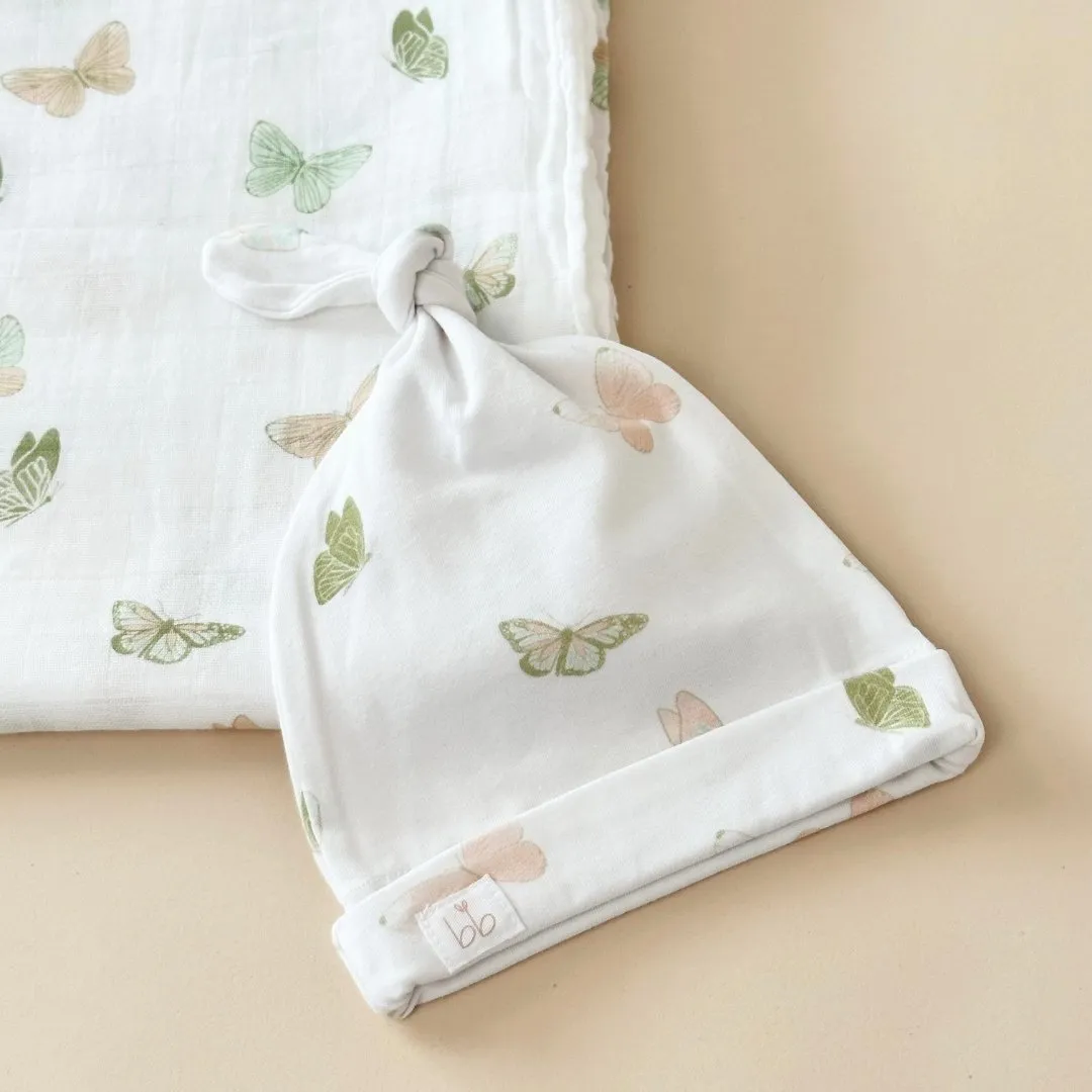 Bamboo Muslin Swaddle Blanket & Topknot Set - Busy Bees