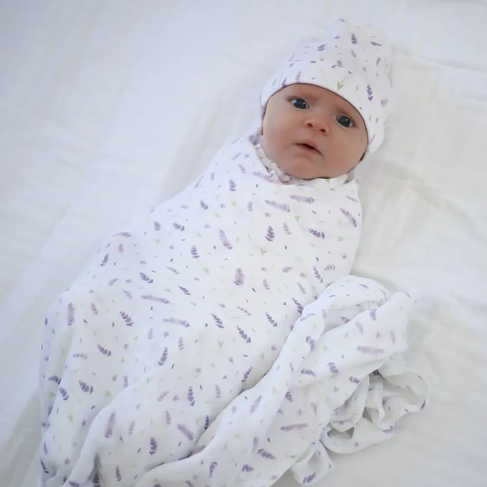 Bamboo Muslin Swaddle Blanket & Topknot Set - French Lavender