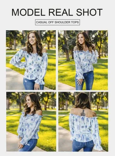 BLENCOT Summer Sexy Off Shoulder Tops for Women Boho Ruffle Sleeve Floral Chiffon Shirts Blouses Blue M