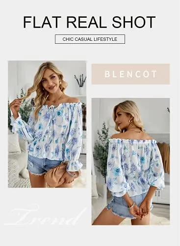 BLENCOT Summer Sexy Off Shoulder Tops for Women Boho Ruffle Sleeve Floral Chiffon Shirts Blouses Blue M