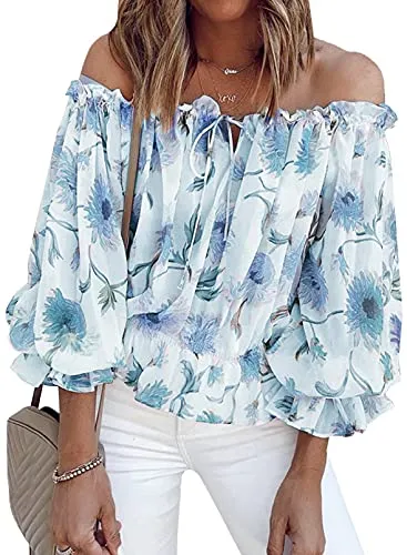 BLENCOT Summer Sexy Off Shoulder Tops for Women Boho Ruffle Sleeve Floral Chiffon Shirts Blouses Blue M