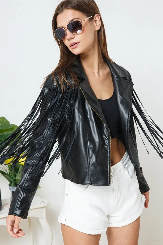 BLUE B Faux Leather Moto Fringe Jacket