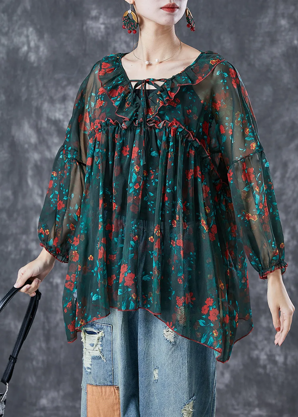 Bohemian Blackish Green Ruffled Print Chiffon Blouses Summer LY6726