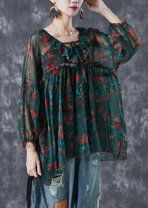 Bohemian Blackish Green Ruffled Print Chiffon Blouses Summer LY6726