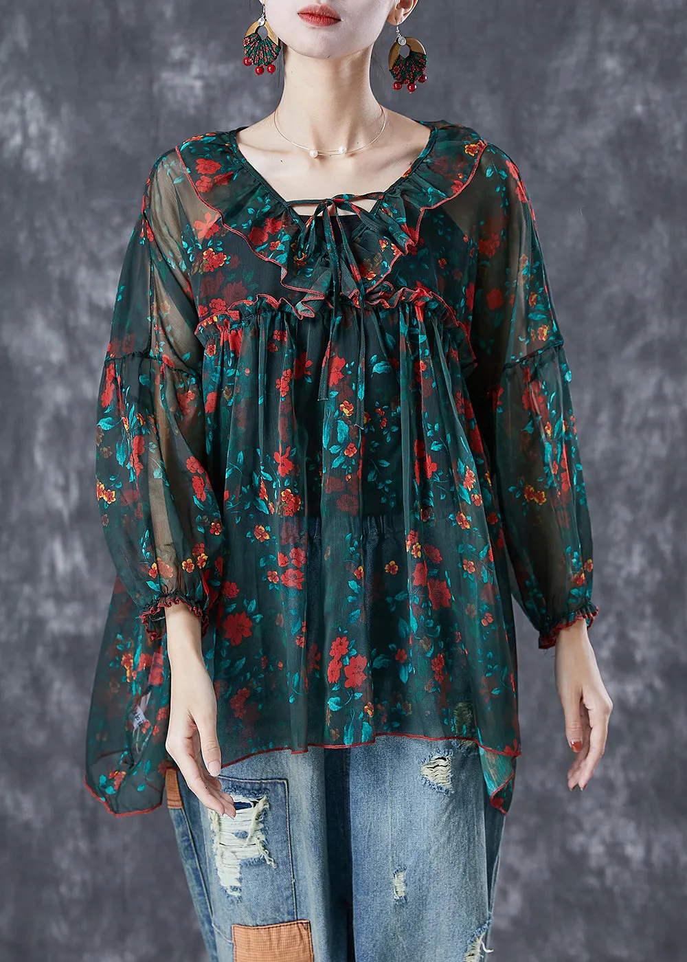 Bohemian Blackish Green Ruffled Print Chiffon Blouses Summer LY6726