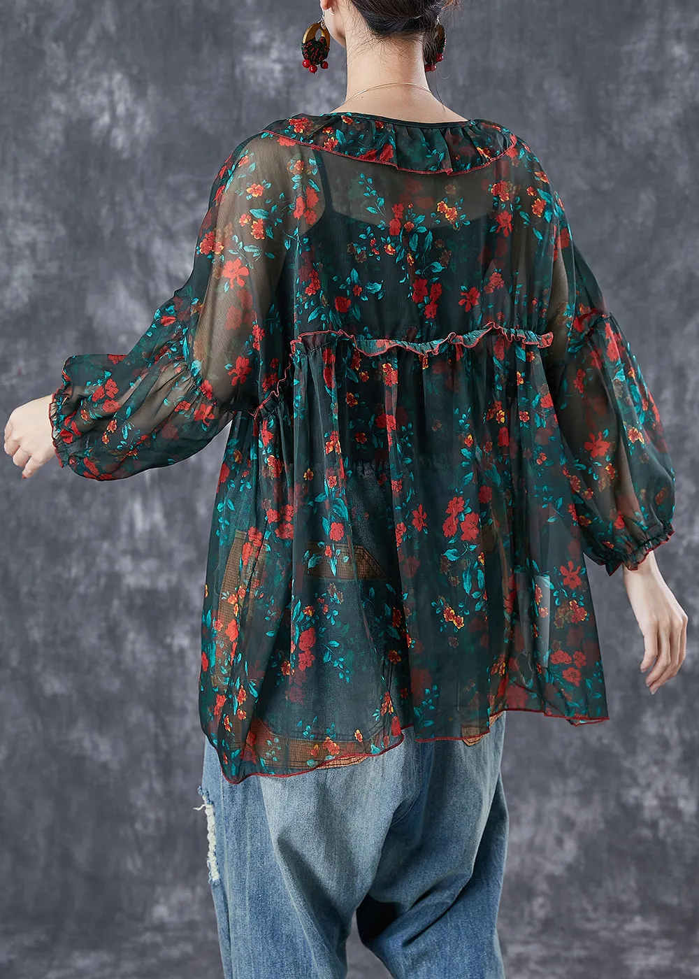 Bohemian Blackish Green Ruffled Print Chiffon Blouses Summer LY6726