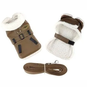 Brown and Black Faux Leather Bomber Dog Coat Harness and Leash