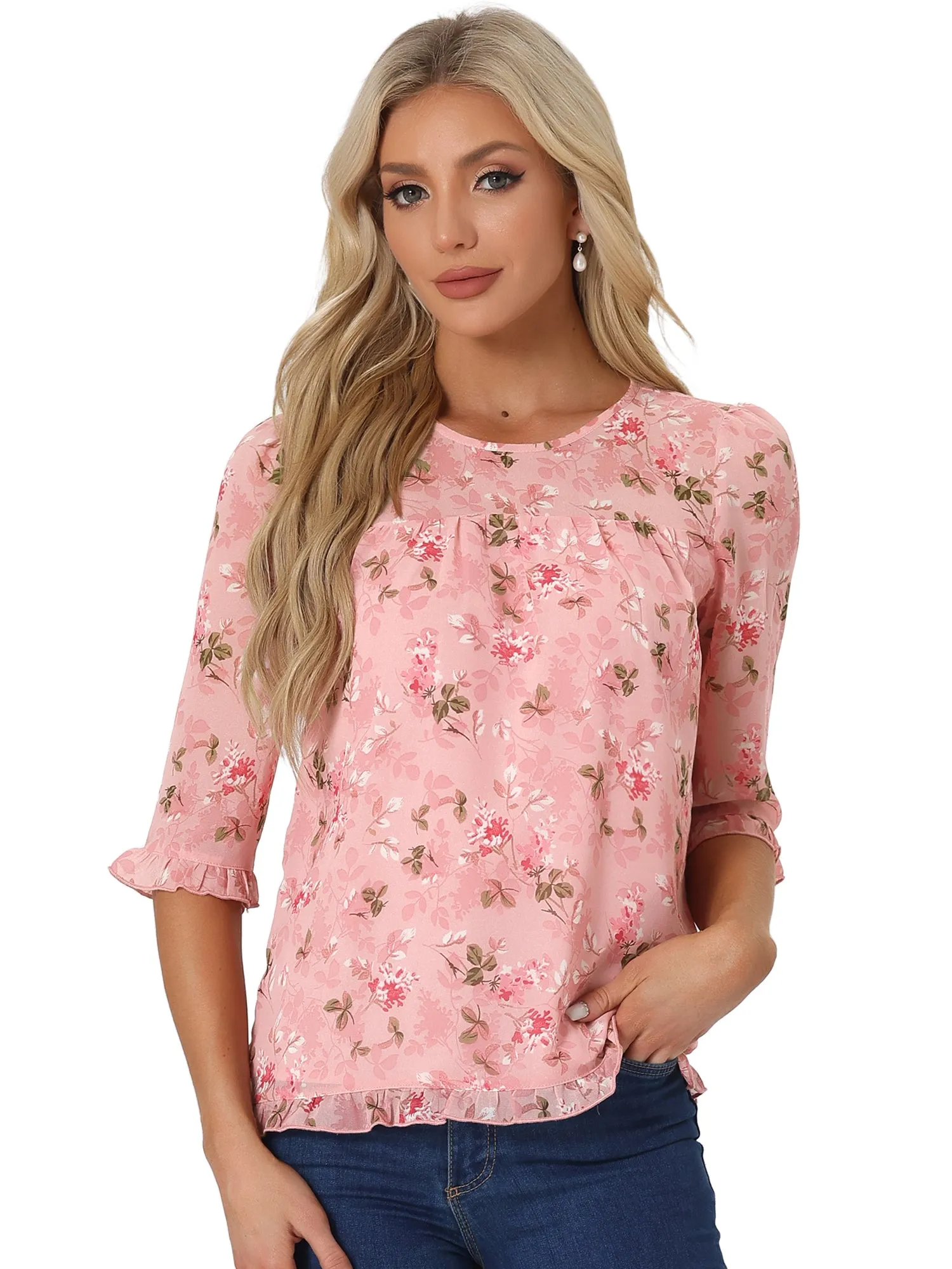 Casual Ruffle 3/4 Sleeve Floral Print Chiffon Blouse