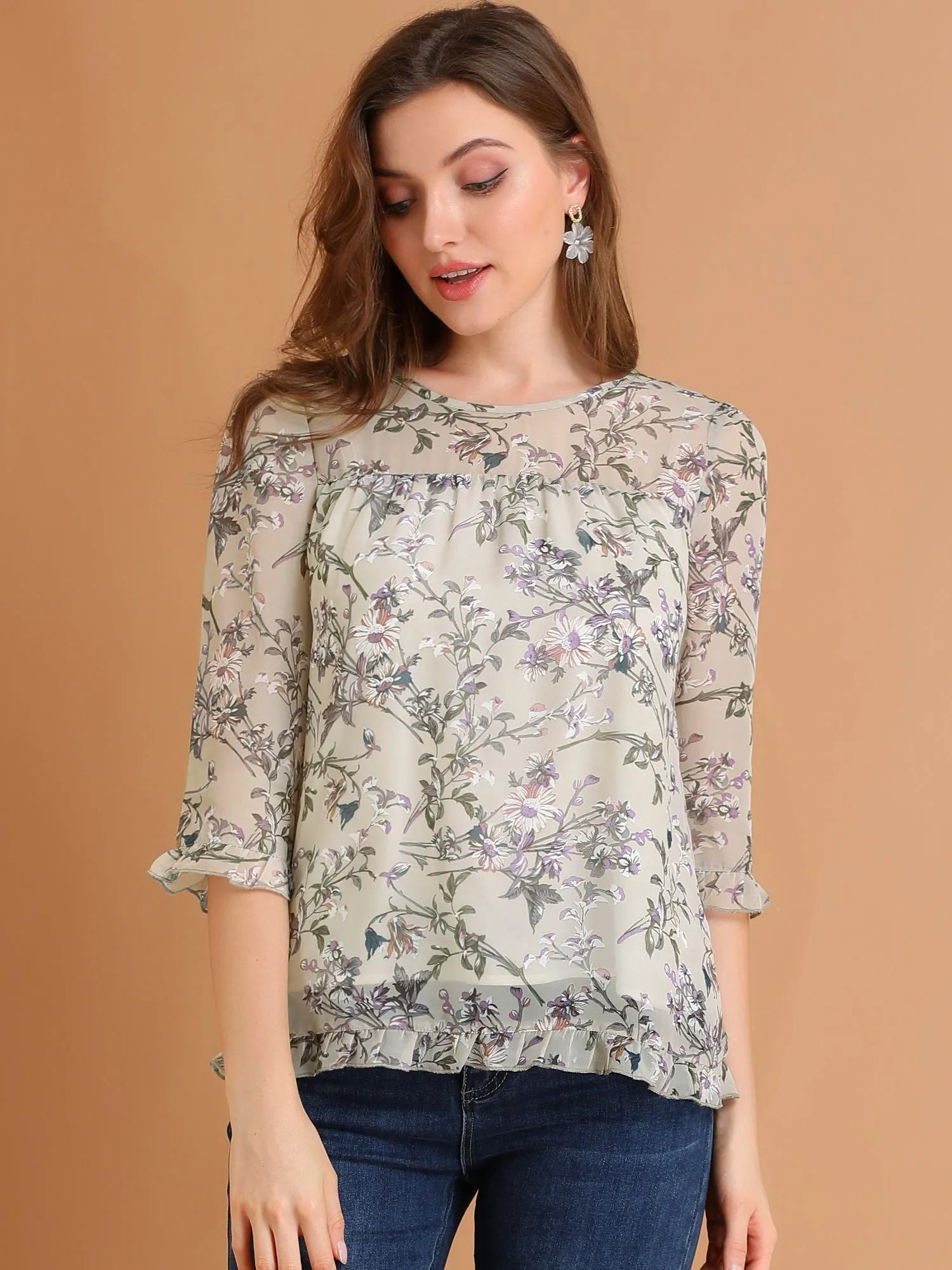 Casual Ruffle 3/4 Sleeve Floral Print Chiffon Blouse