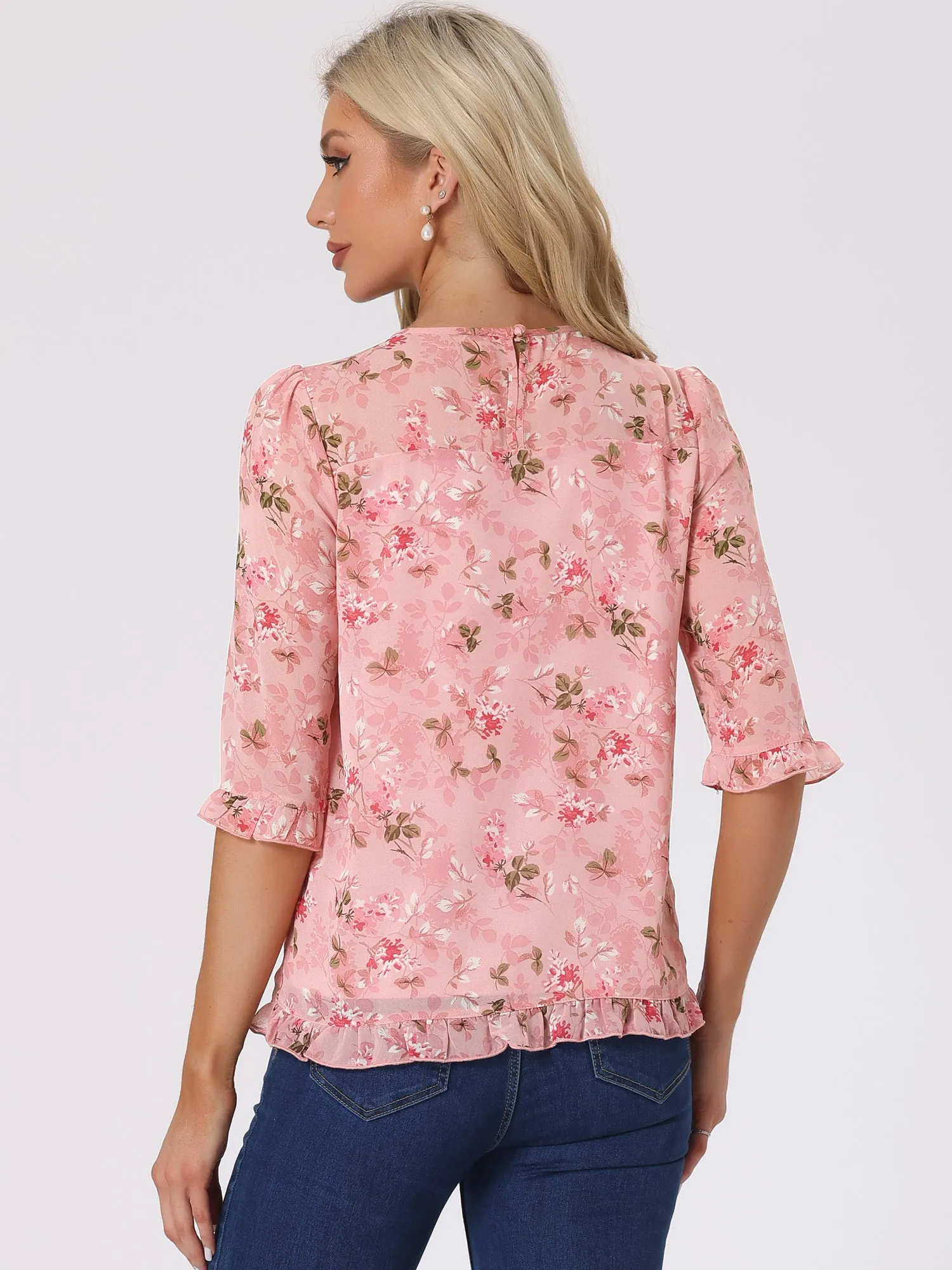 Casual Ruffle 3/4 Sleeve Floral Print Chiffon Blouse