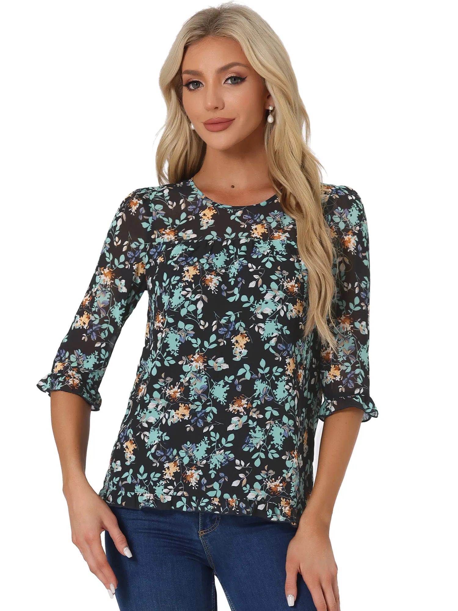 Casual Ruffle 3/4 Sleeve Floral Print Chiffon Blouse