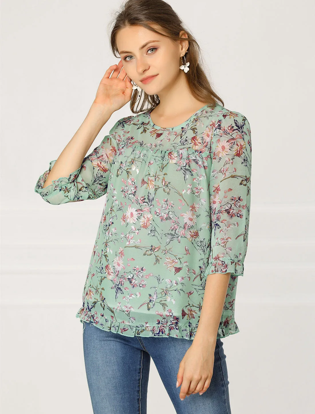 Casual Ruffle 3/4 Sleeve Floral Print Chiffon Blouse