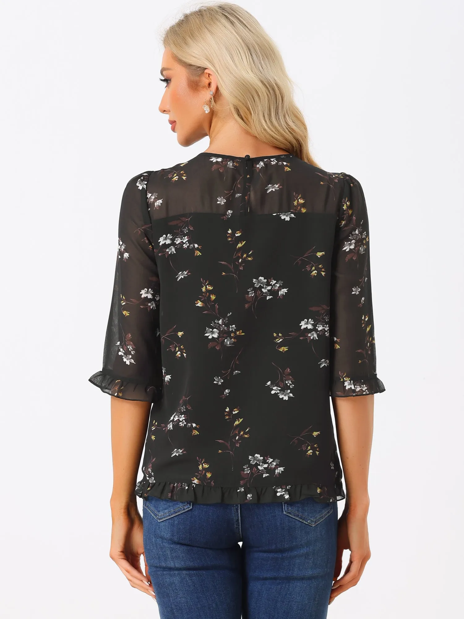 Casual Ruffle 3/4 Sleeve Floral Print Chiffon Blouse