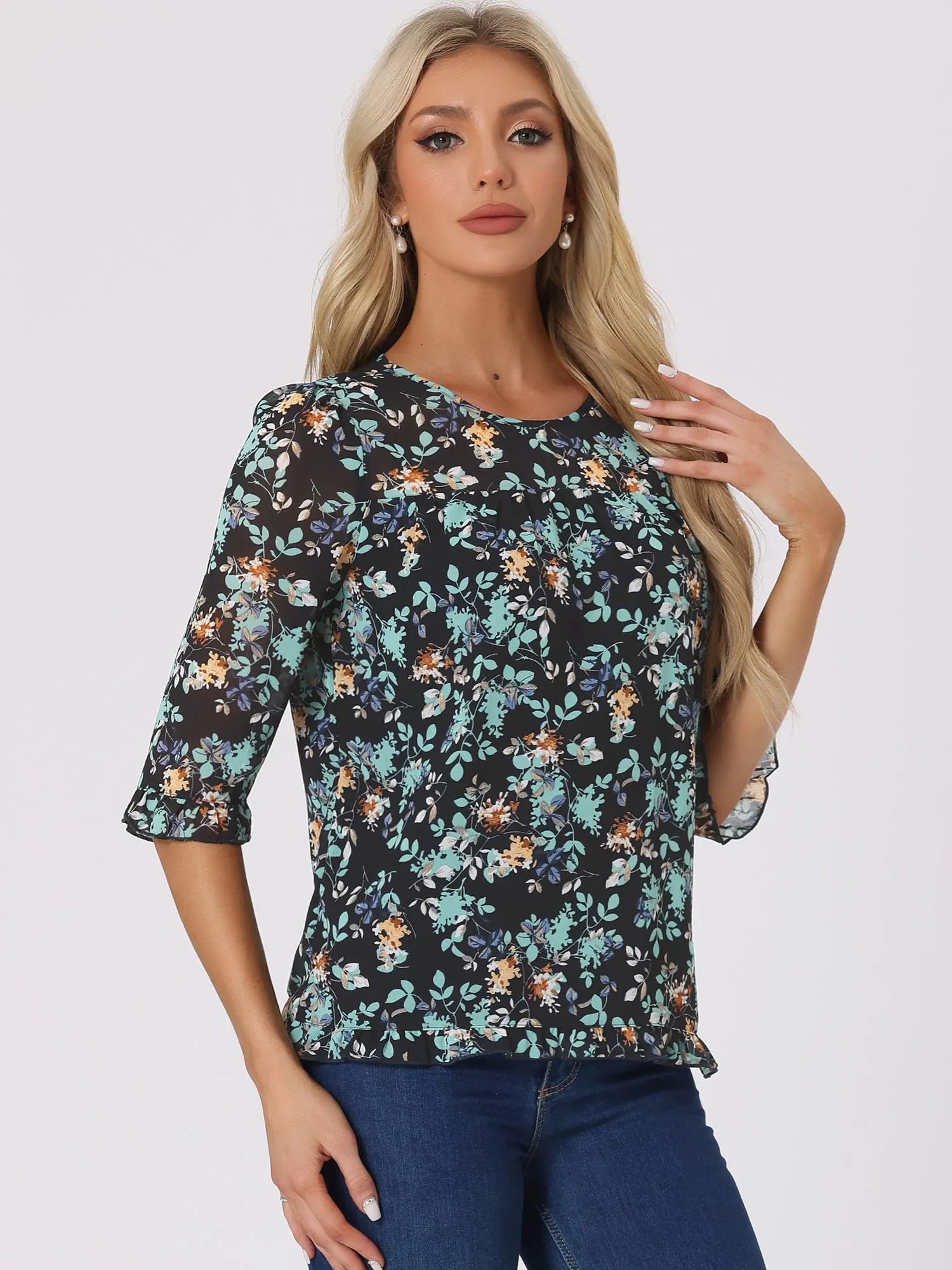 Casual Ruffle 3/4 Sleeve Floral Print Chiffon Blouse