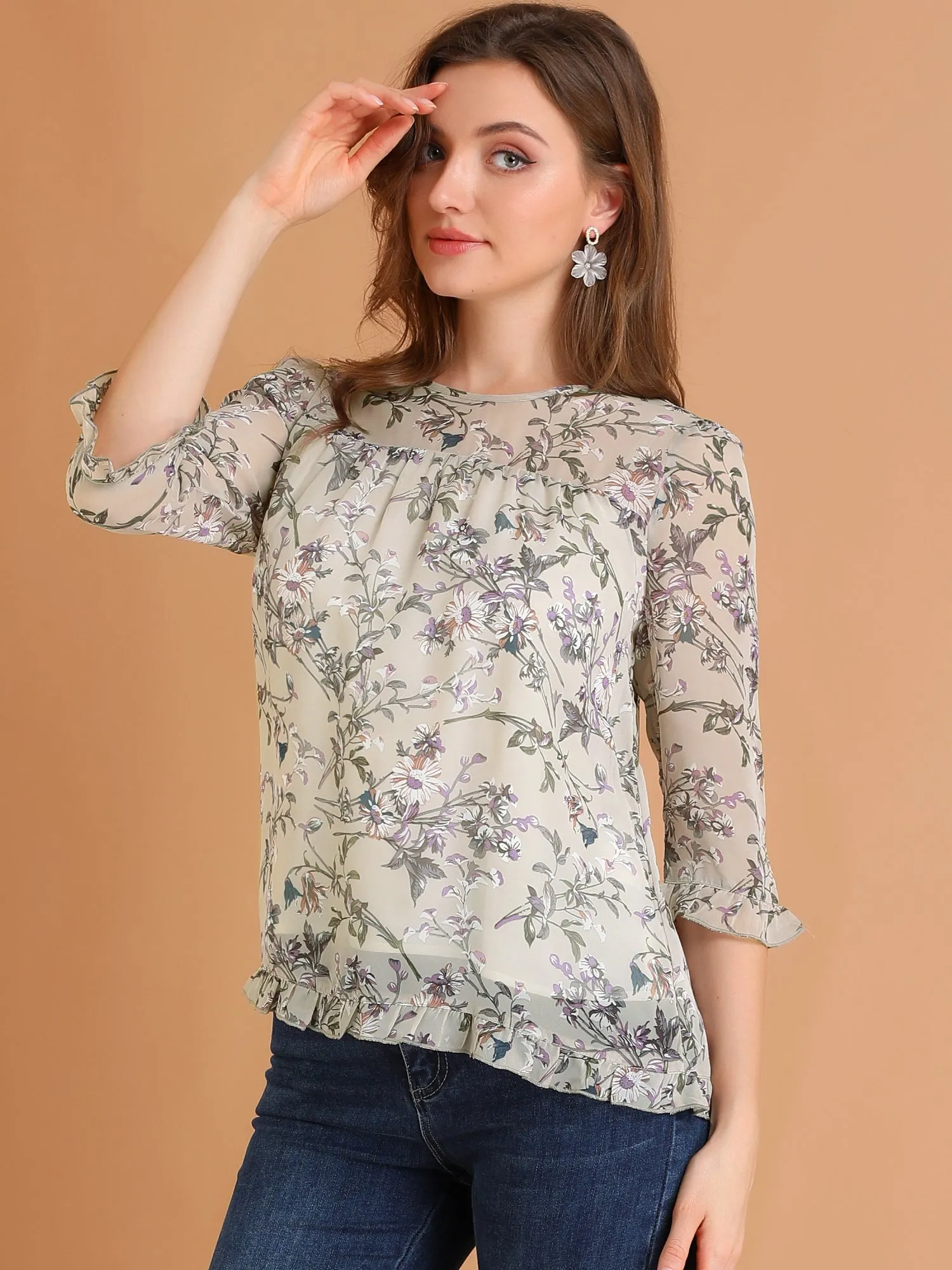 Casual Ruffle 3/4 Sleeve Floral Print Chiffon Blouse