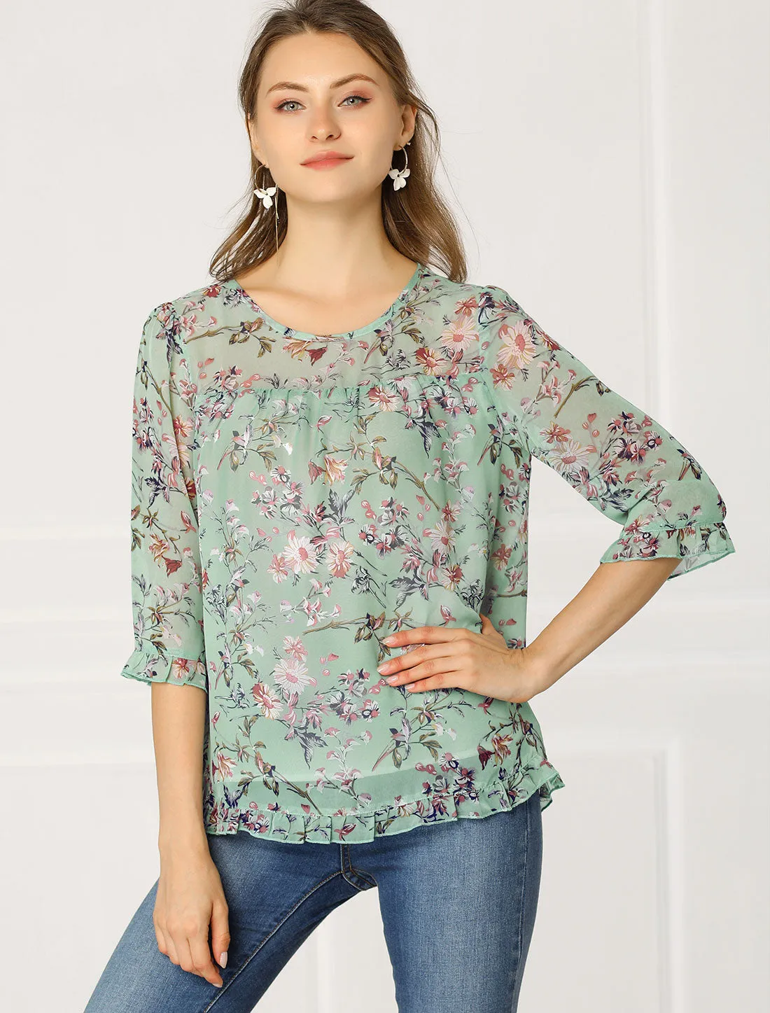 Casual Ruffle 3/4 Sleeve Floral Print Chiffon Blouse