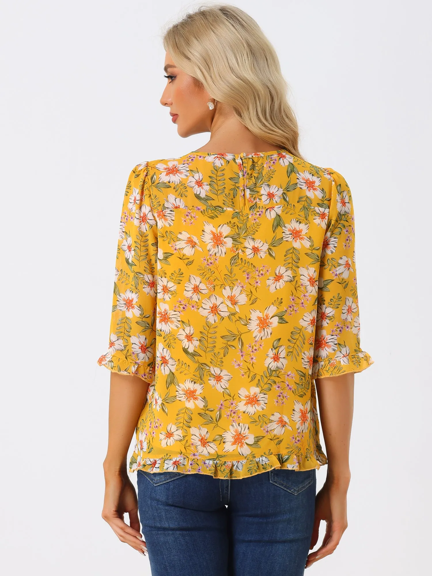 Casual Ruffle 3/4 Sleeve Floral Print Chiffon Blouse