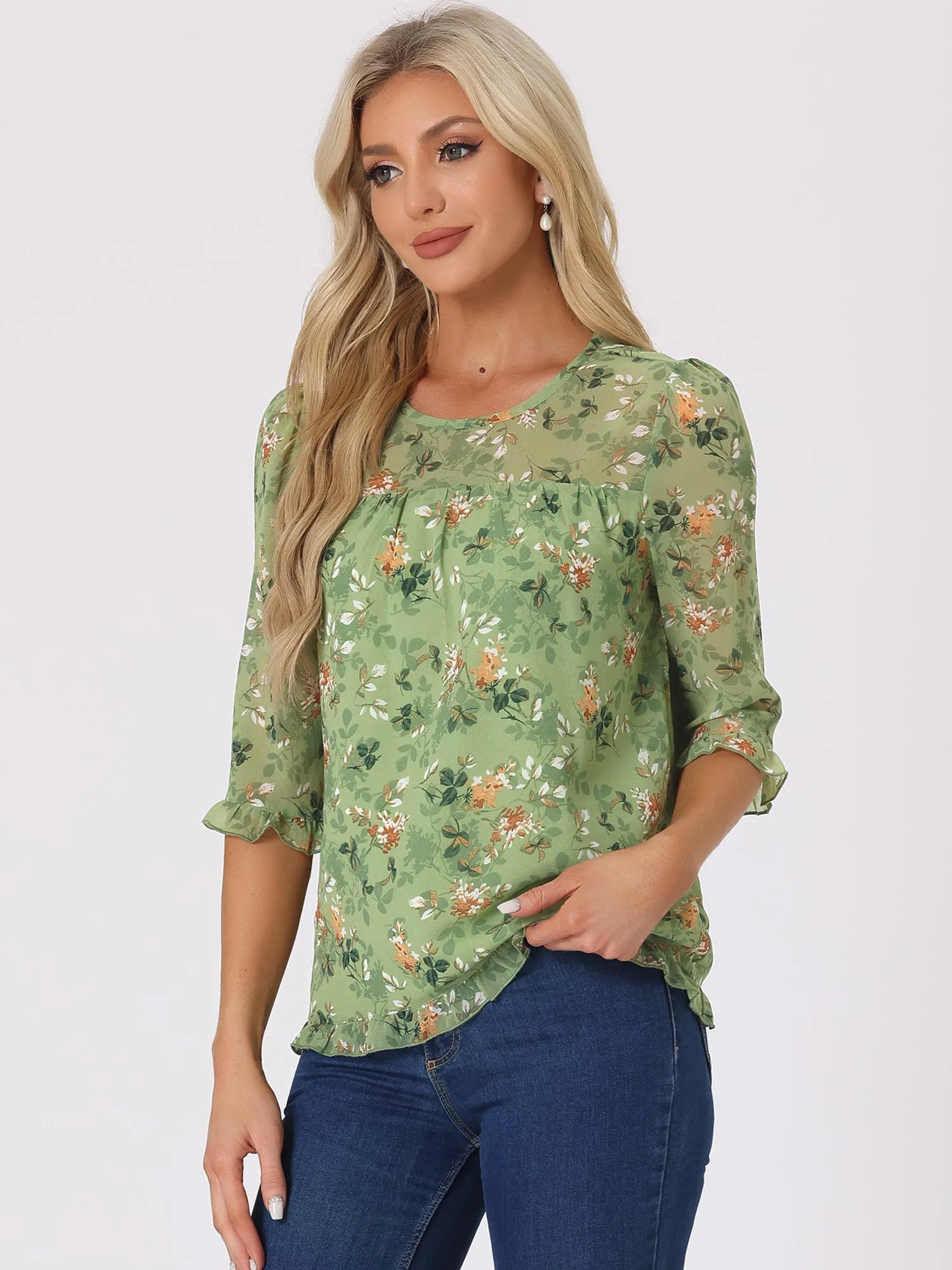 Casual Ruffle 3/4 Sleeve Floral Print Chiffon Blouse