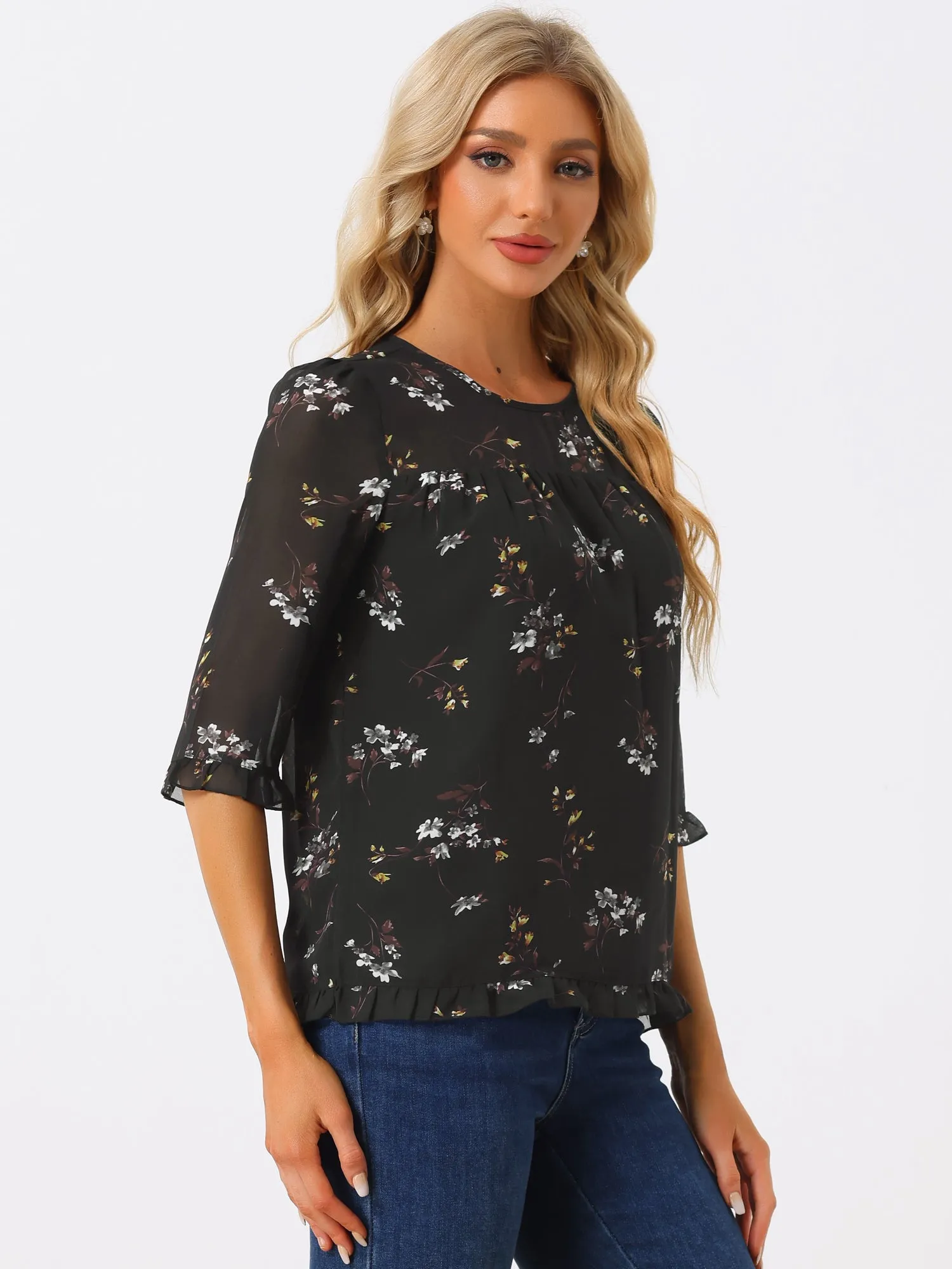 Casual Ruffle 3/4 Sleeve Floral Print Chiffon Blouse