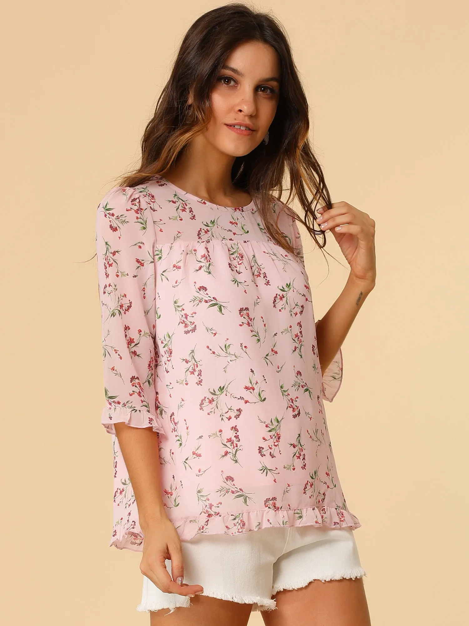 Casual Ruffle 3/4 Sleeve Floral Print Chiffon Blouse