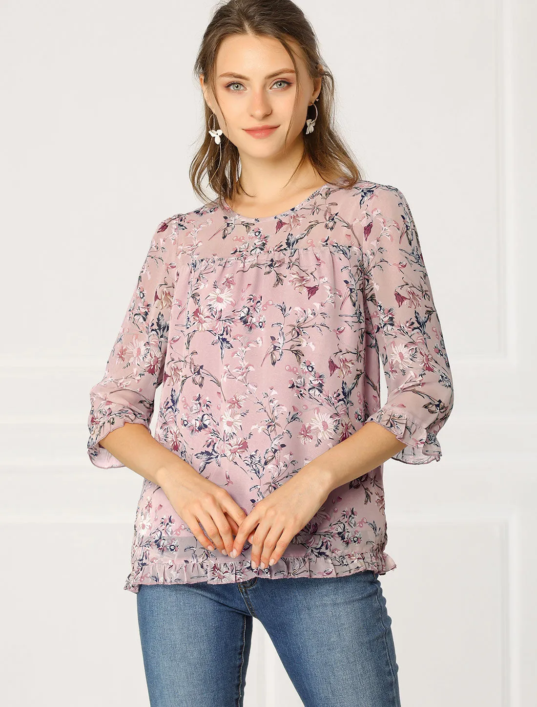 Casual Ruffle 3/4 Sleeve Floral Print Chiffon Blouse