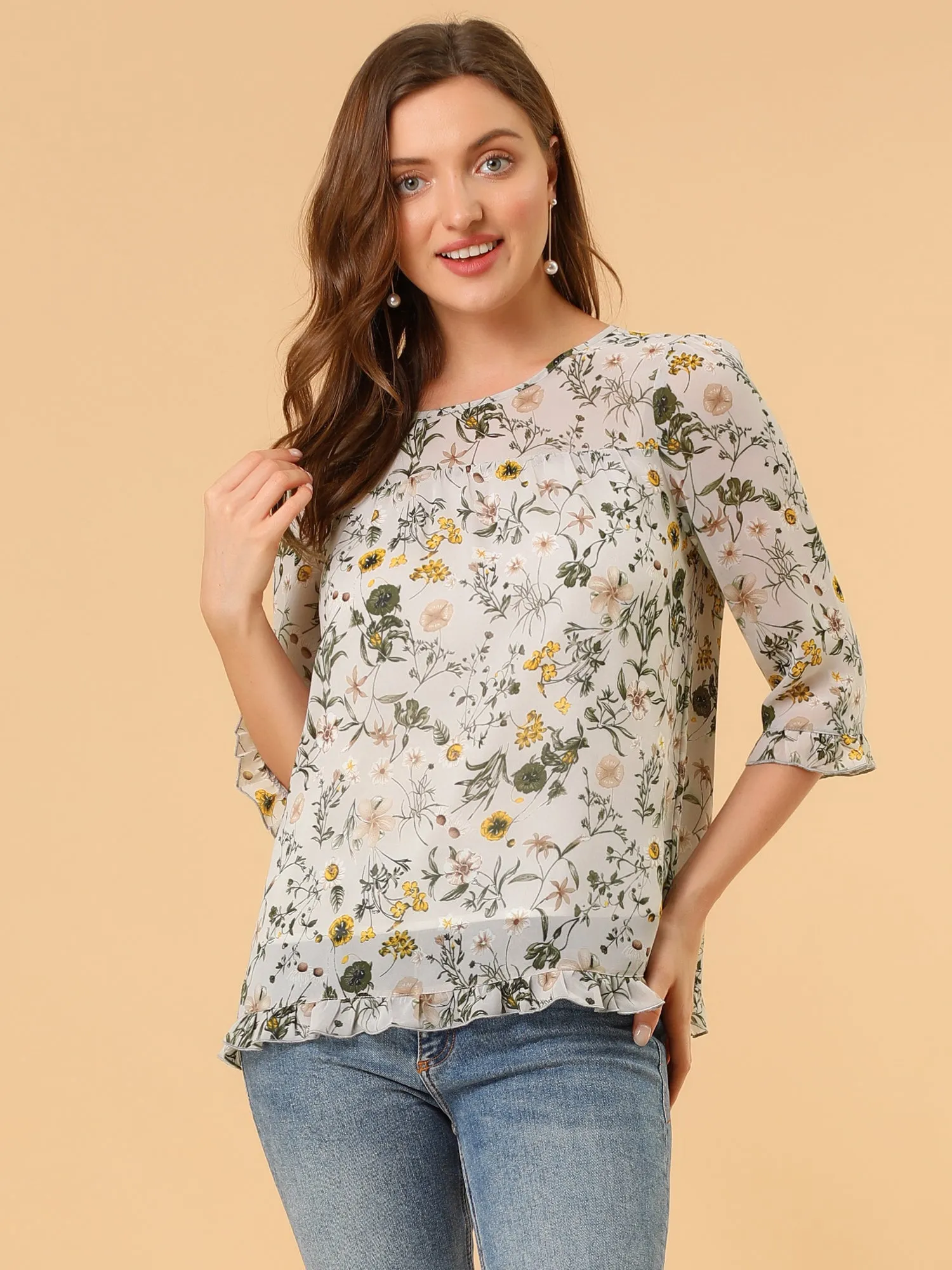 Casual Ruffle 3/4 Sleeve Floral Print Chiffon Blouse