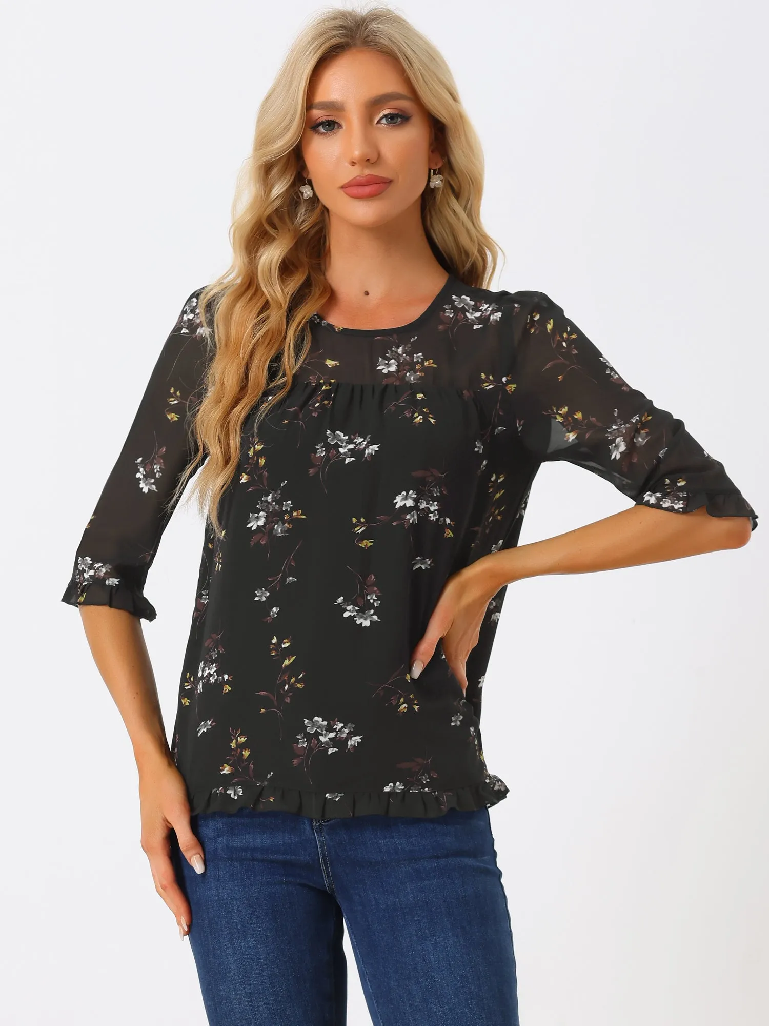 Casual Ruffle 3/4 Sleeve Floral Print Chiffon Blouse