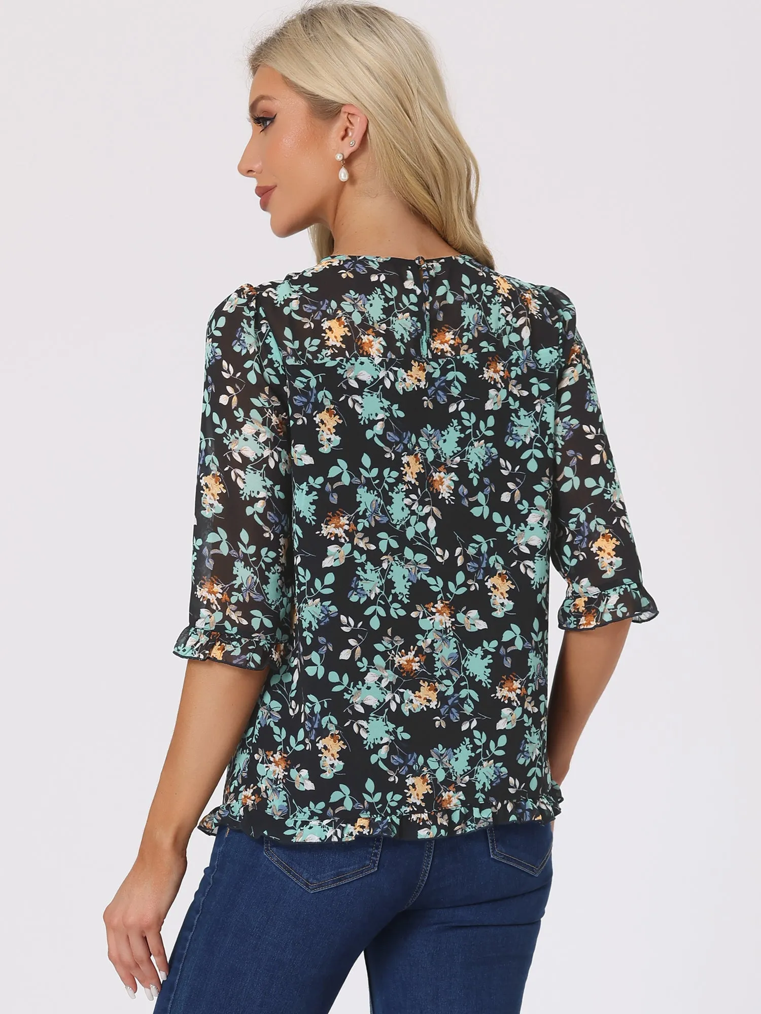 Casual Ruffle 3/4 Sleeve Floral Print Chiffon Blouse