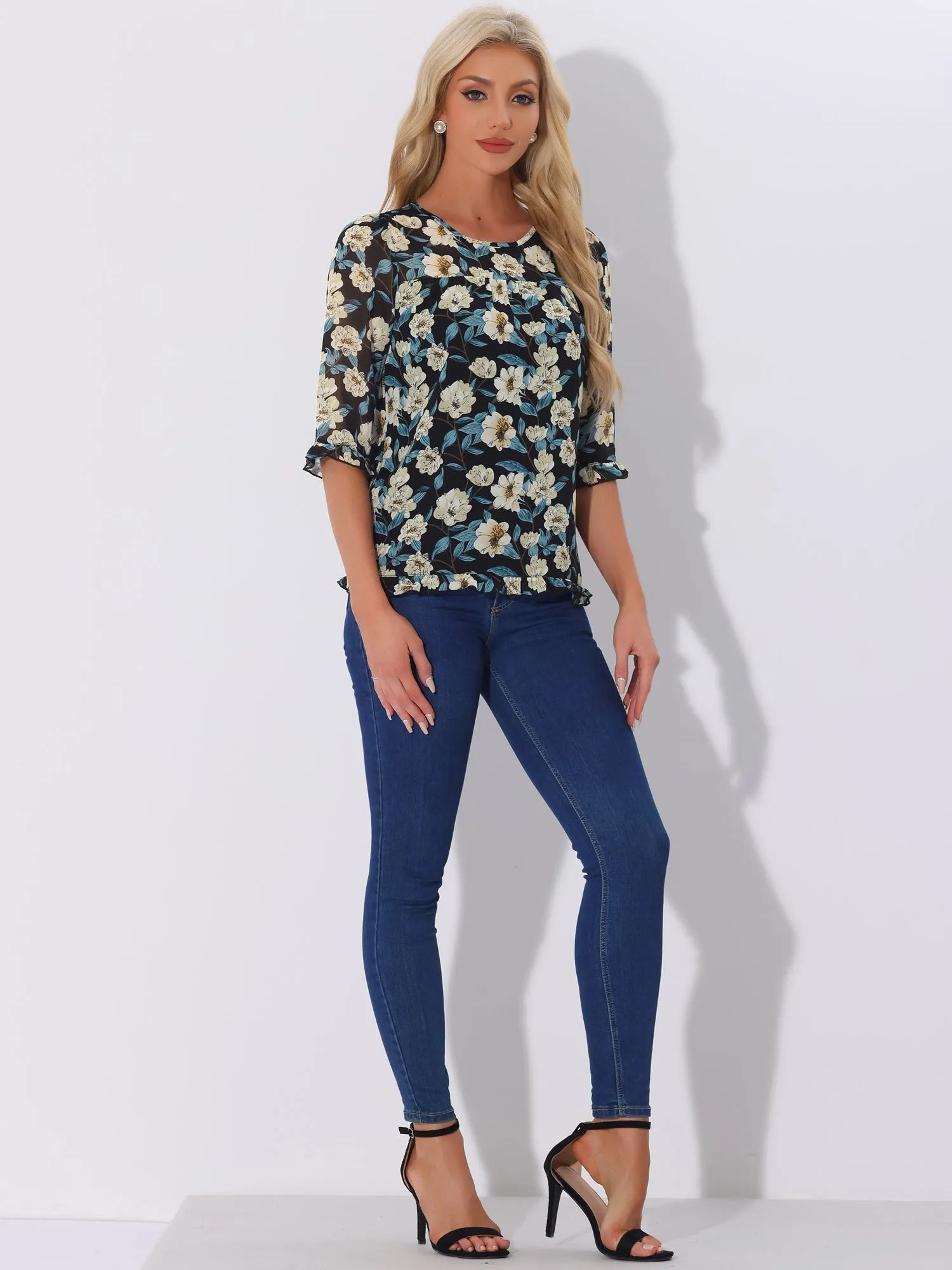 Casual Ruffle 3/4 Sleeve Floral Print Chiffon Blouse