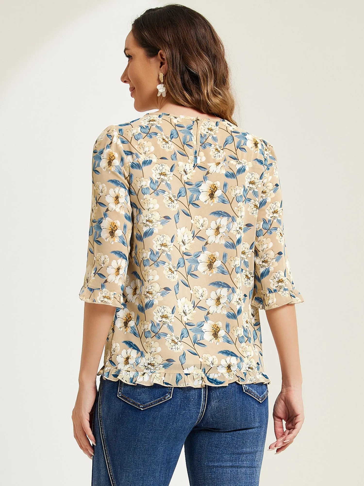 Casual Ruffle 3/4 Sleeve Floral Print Chiffon Blouse