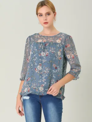 Casual Ruffle 3/4 Sleeve Floral Print Chiffon Blouse