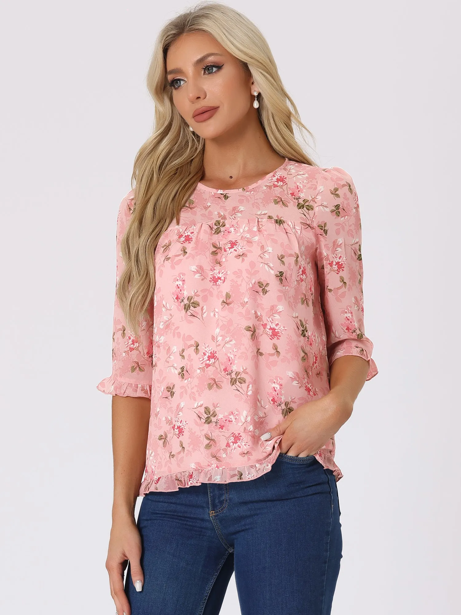 Casual Ruffle 3/4 Sleeve Floral Print Chiffon Blouse