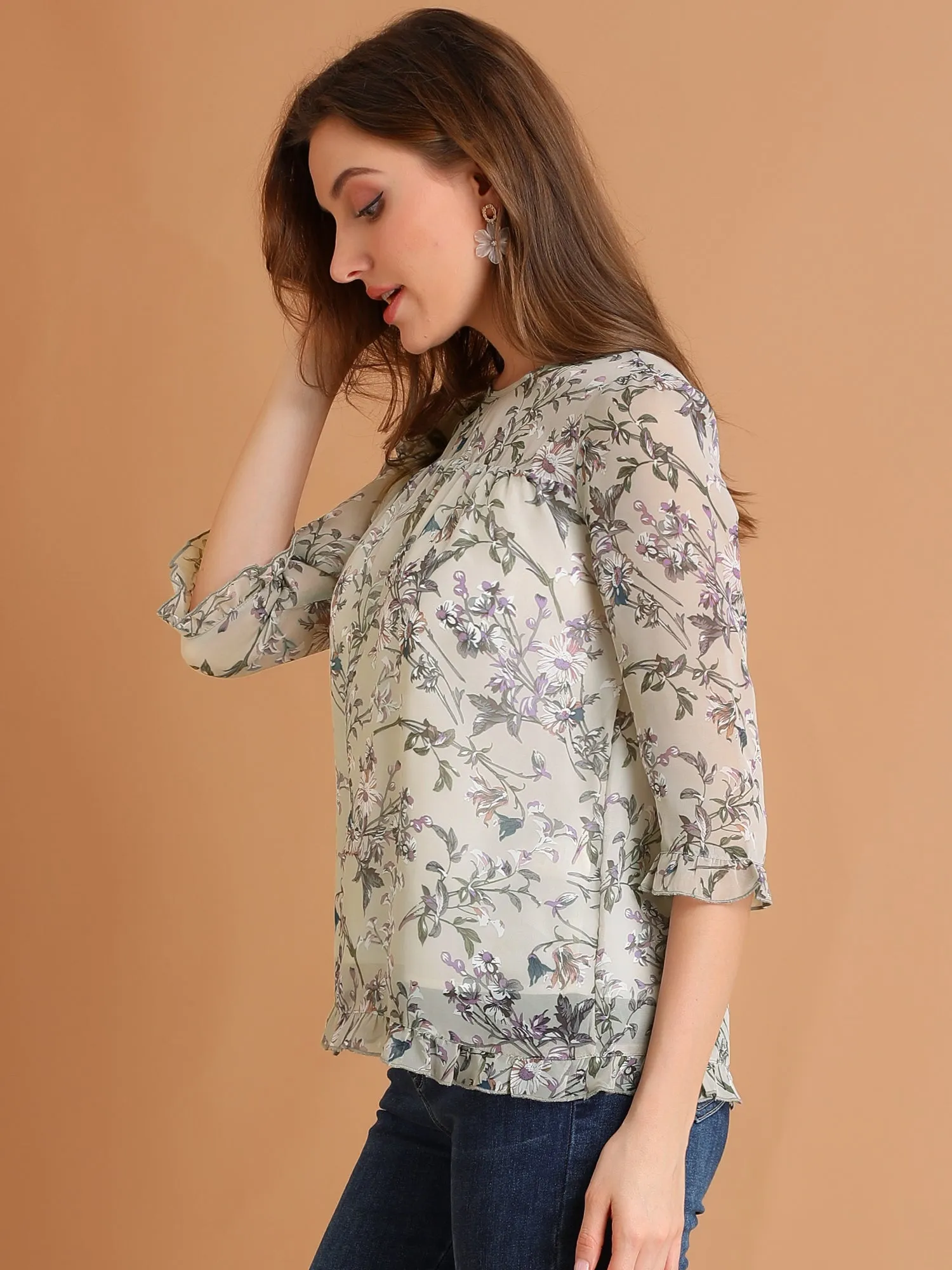 Casual Ruffle 3/4 Sleeve Floral Print Chiffon Blouse