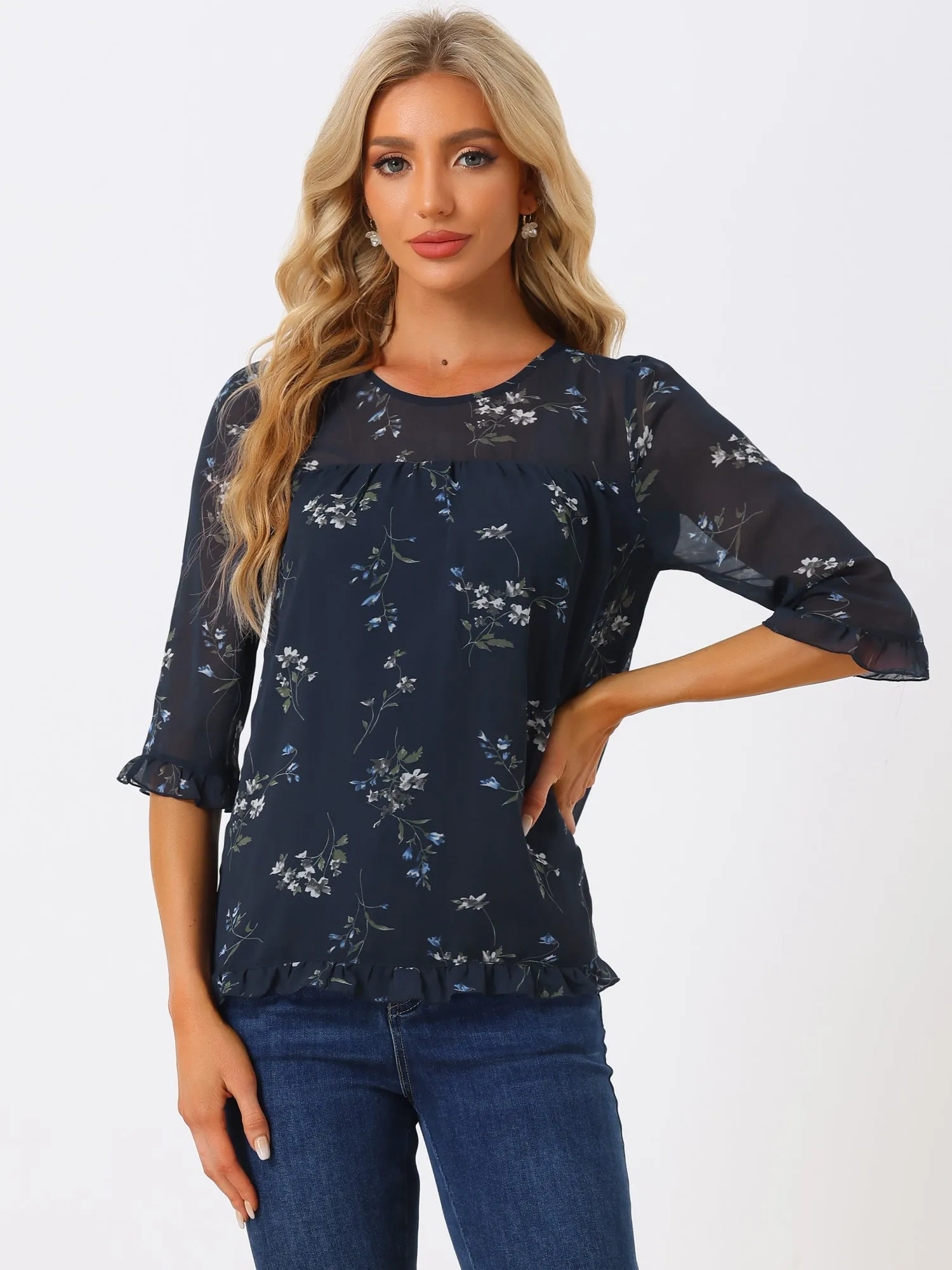 Casual Ruffle 3/4 Sleeve Floral Print Chiffon Blouse