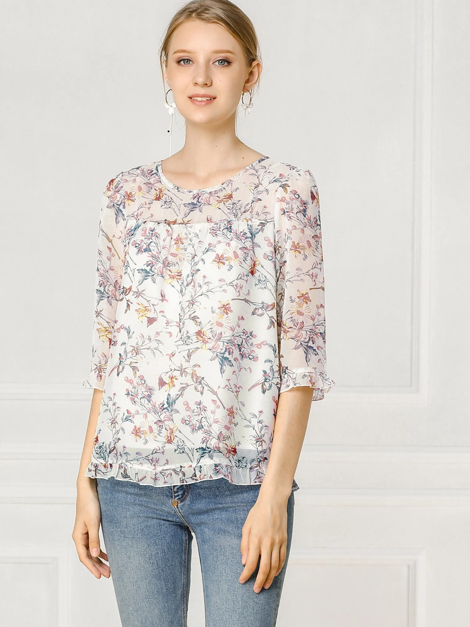 Casual Ruffle 3/4 Sleeve Floral Print Chiffon Blouse