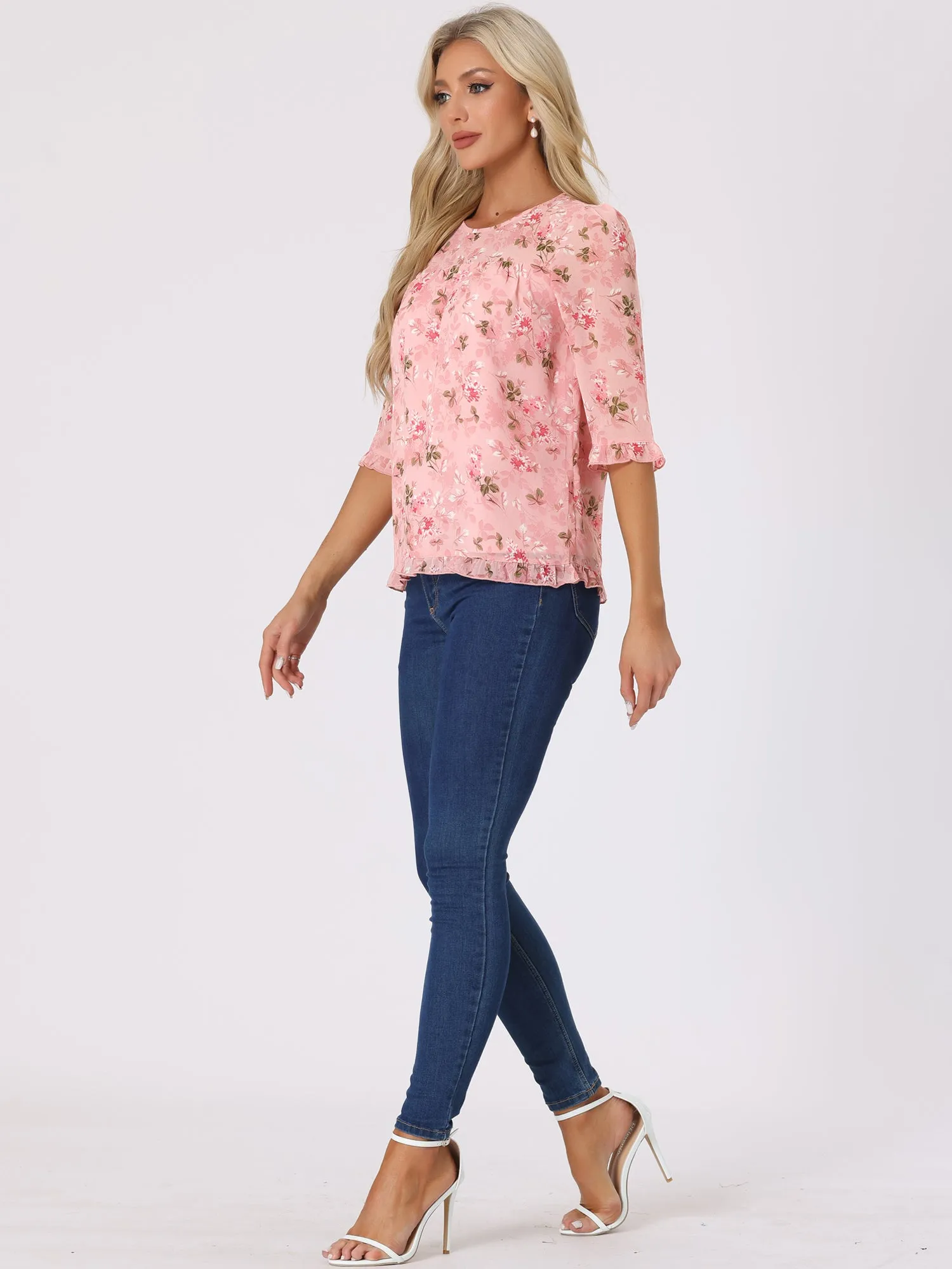 Casual Ruffle 3/4 Sleeve Floral Print Chiffon Blouse