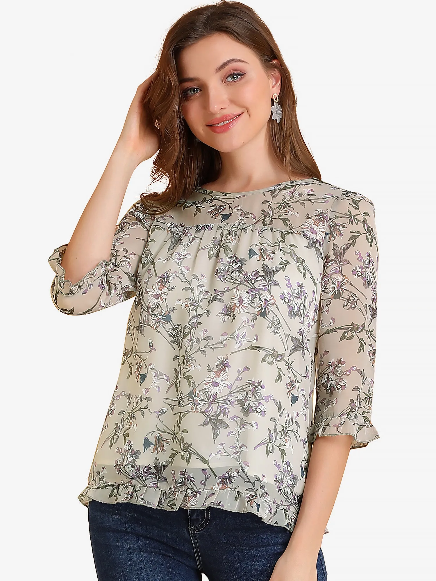 Casual Ruffle 3/4 Sleeve Floral Print Chiffon Blouse