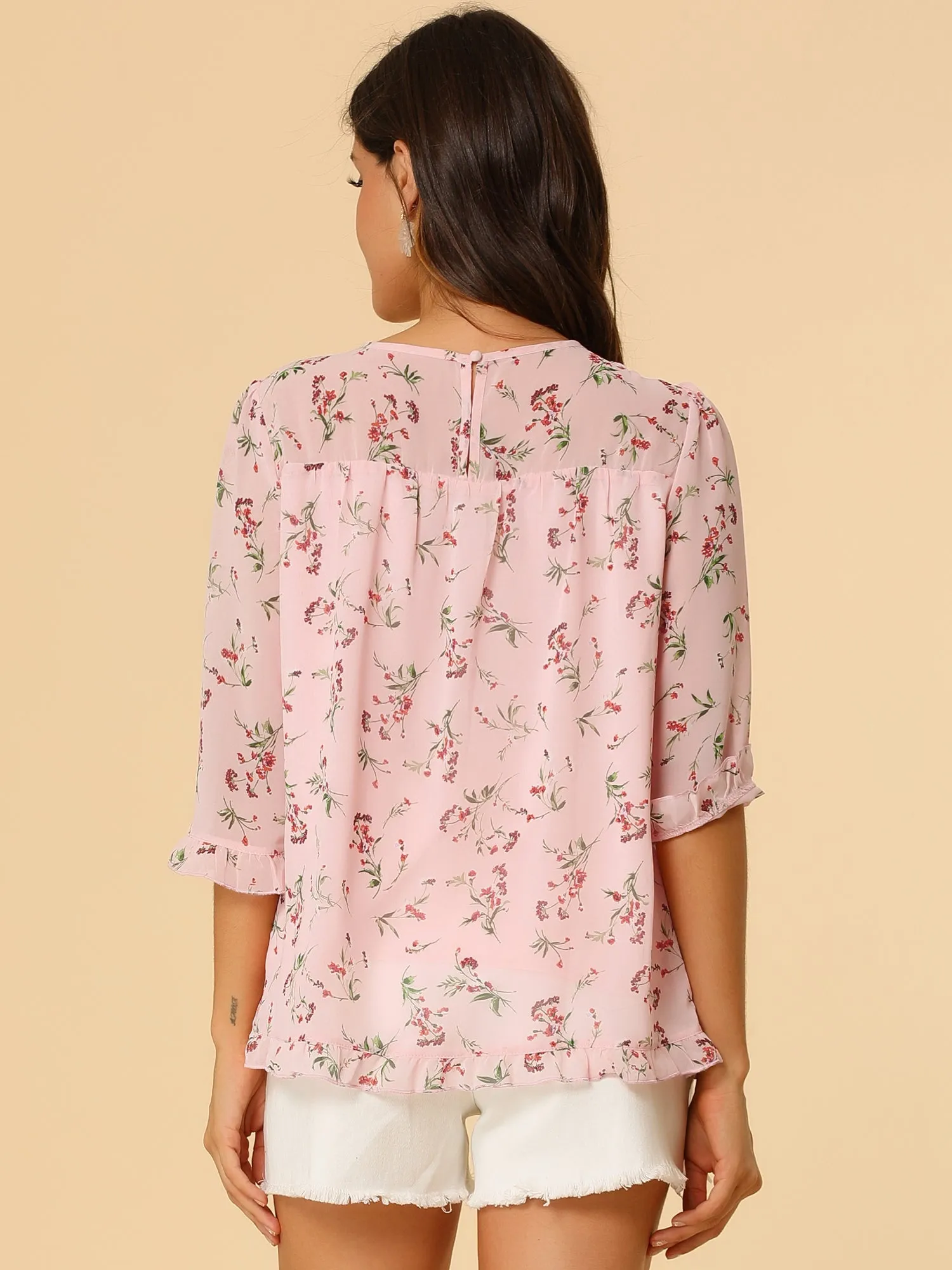 Casual Ruffle 3/4 Sleeve Floral Print Chiffon Blouse