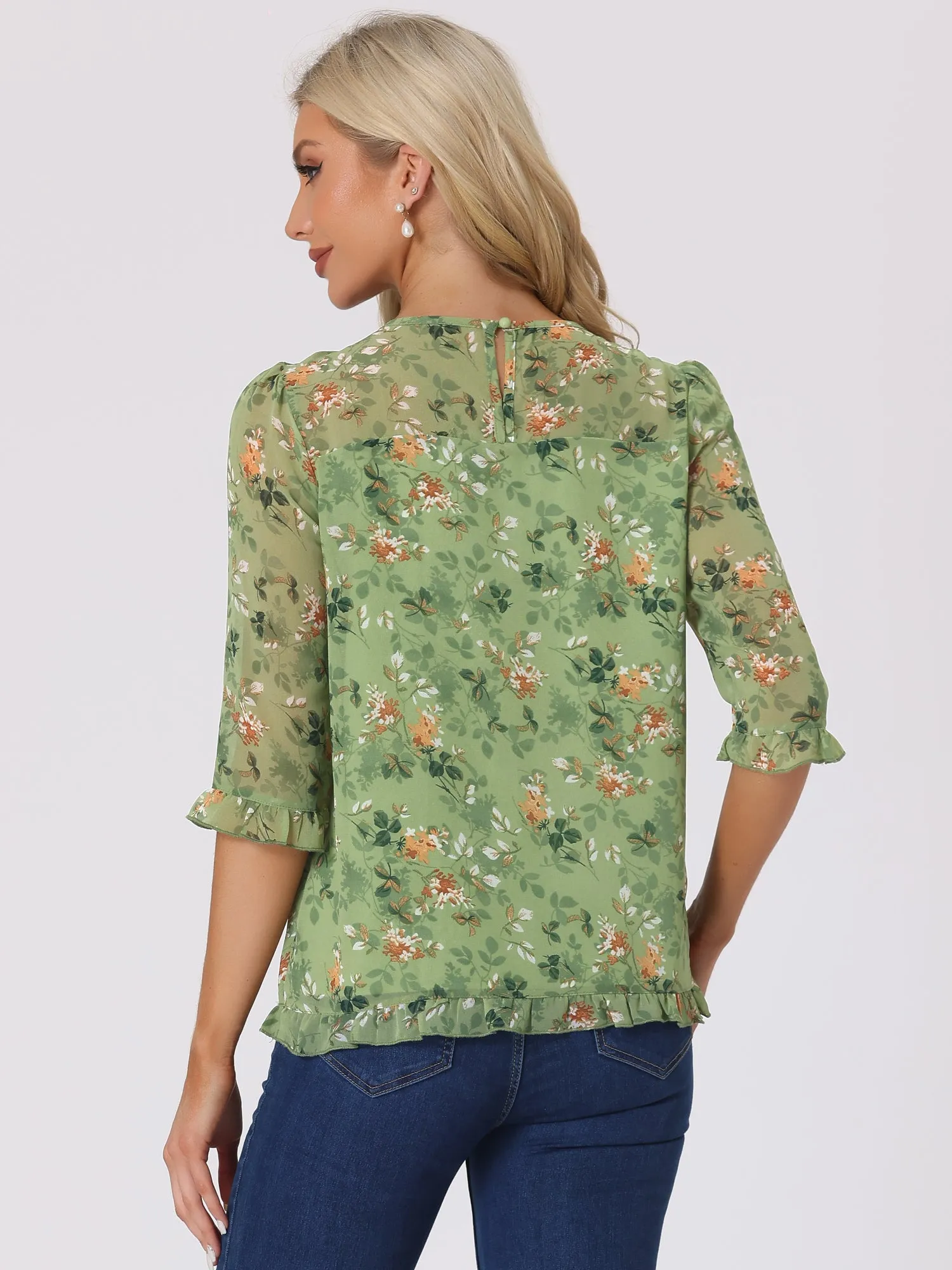 Casual Ruffle 3/4 Sleeve Floral Print Chiffon Blouse