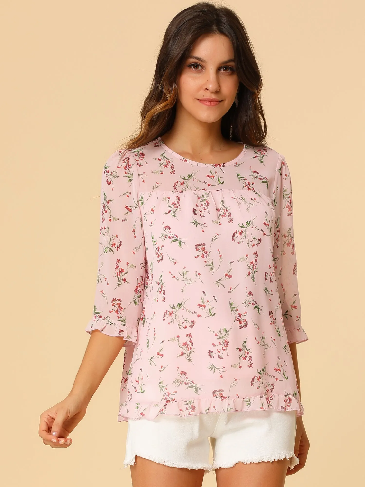 Casual Ruffle 3/4 Sleeve Floral Print Chiffon Blouse