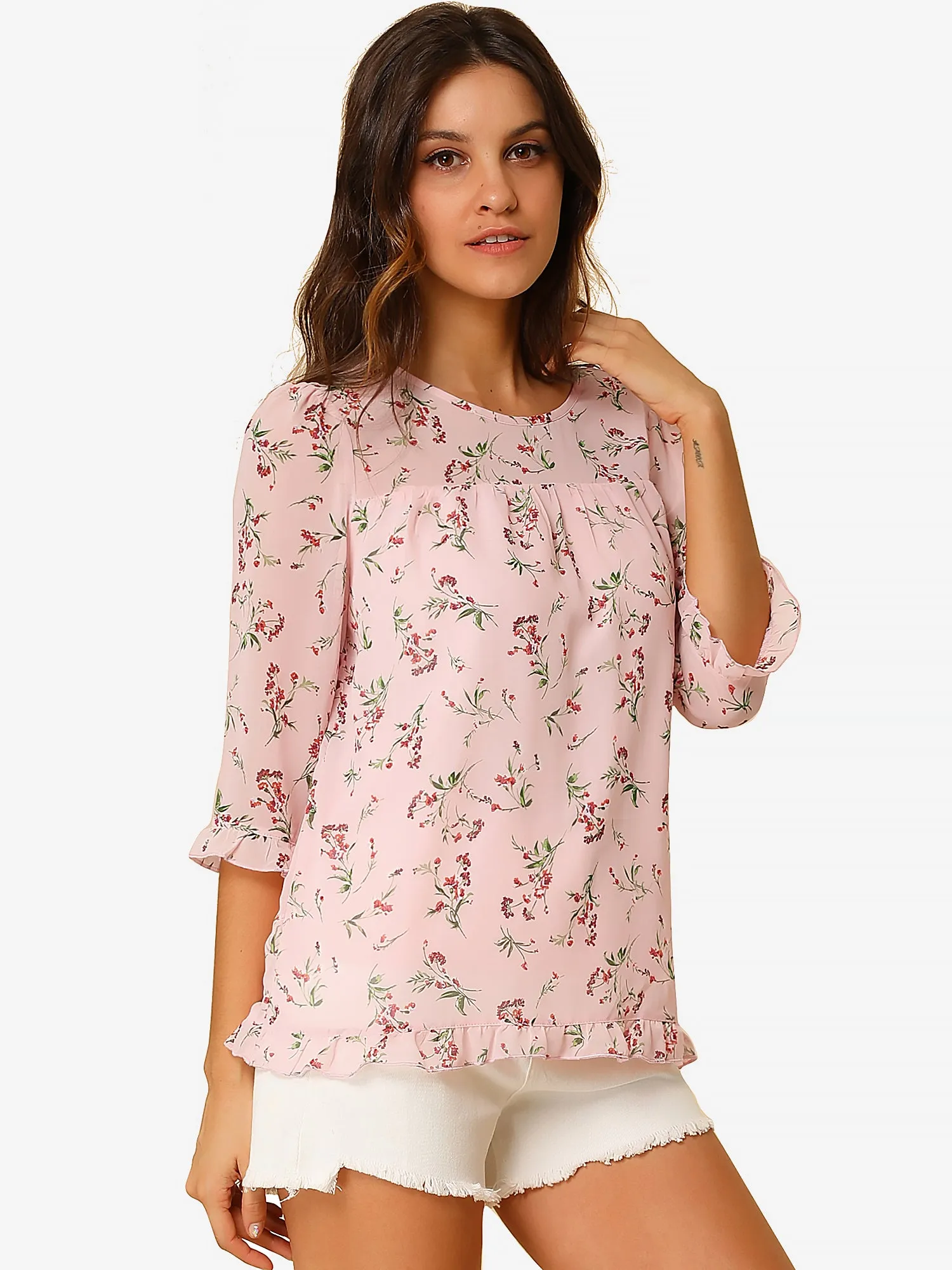 Casual Ruffle 3/4 Sleeve Floral Print Chiffon Blouse